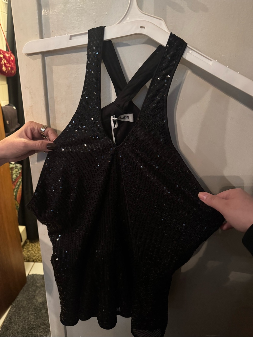 Black Sequin Crossback Evening Halter Top